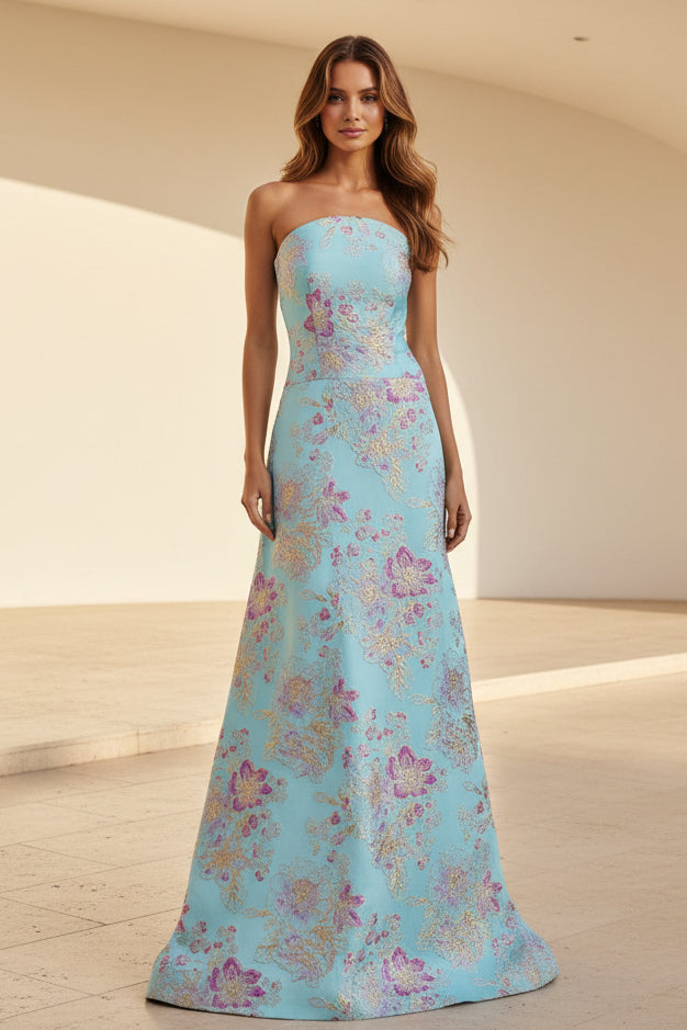 Trägerloses A-Linien-Kleid aus geblümtem Jacquard