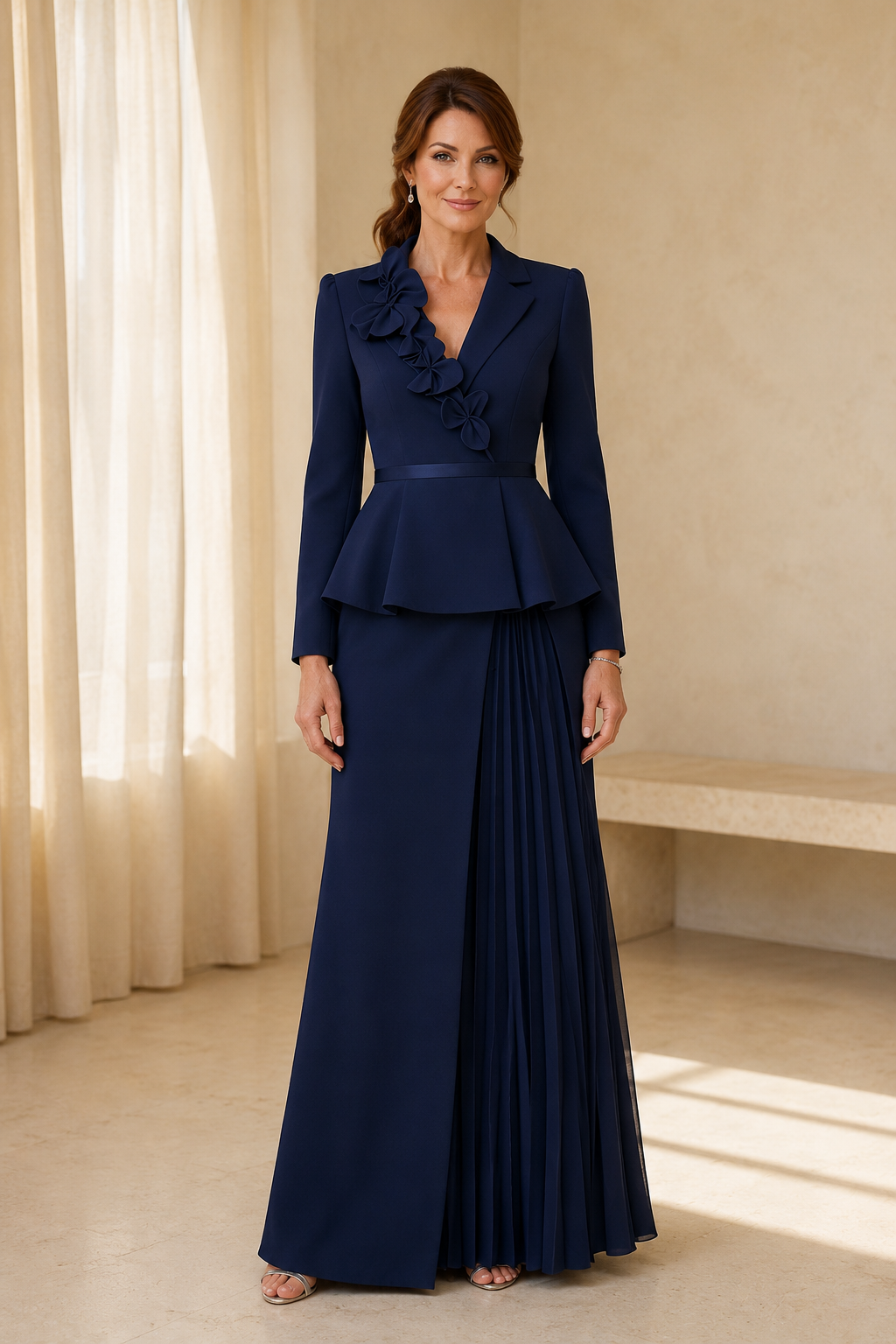 Langärmelige Schößchen-Jacken-Robe mit Blumenkragenverzierung