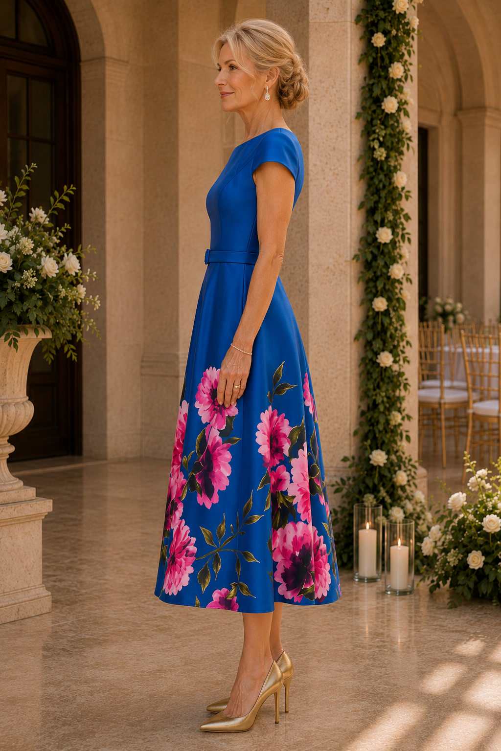 Geblümtes A-Linien-Kleid in Teelänge mit Gürtel