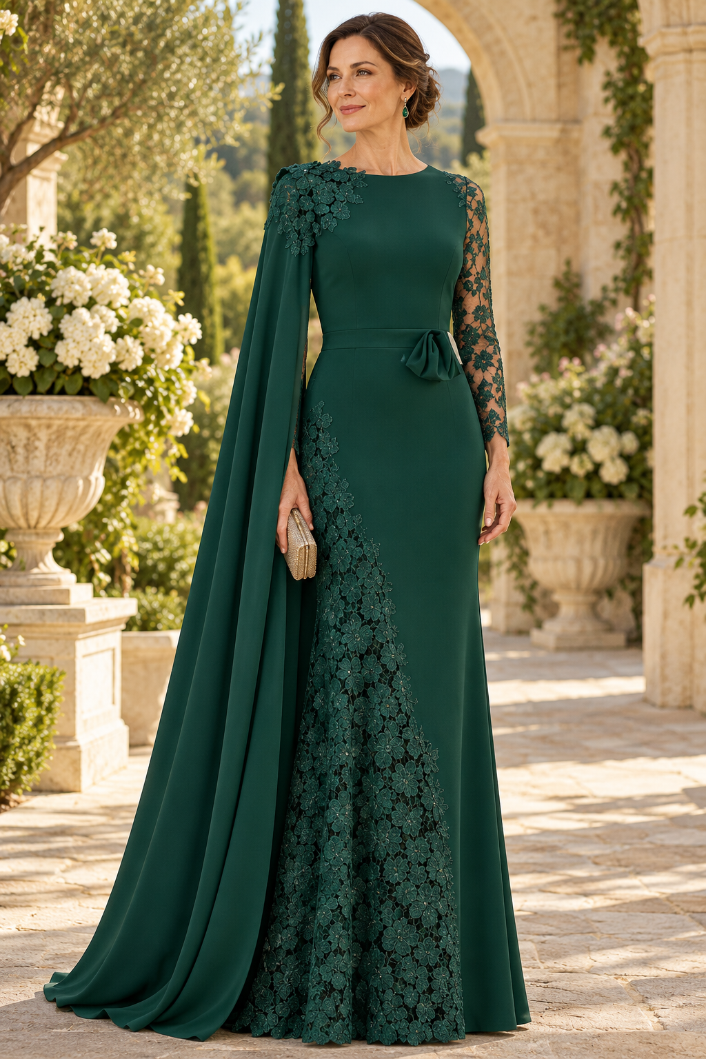 Cape Evening Gown with Lace Applique Inset