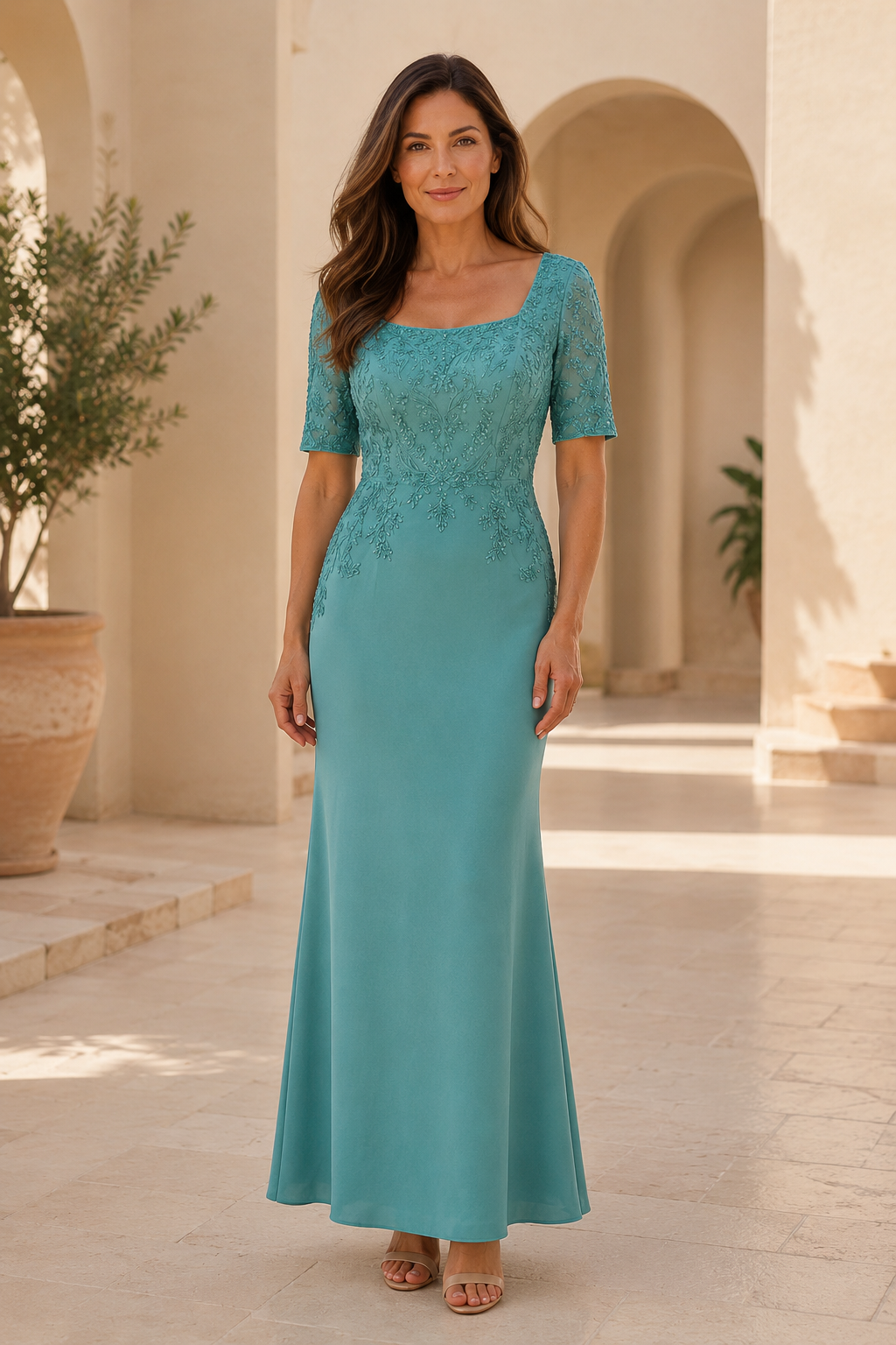Abendkleid mit eckigem Ausschnitt und Spitzenapplikationen