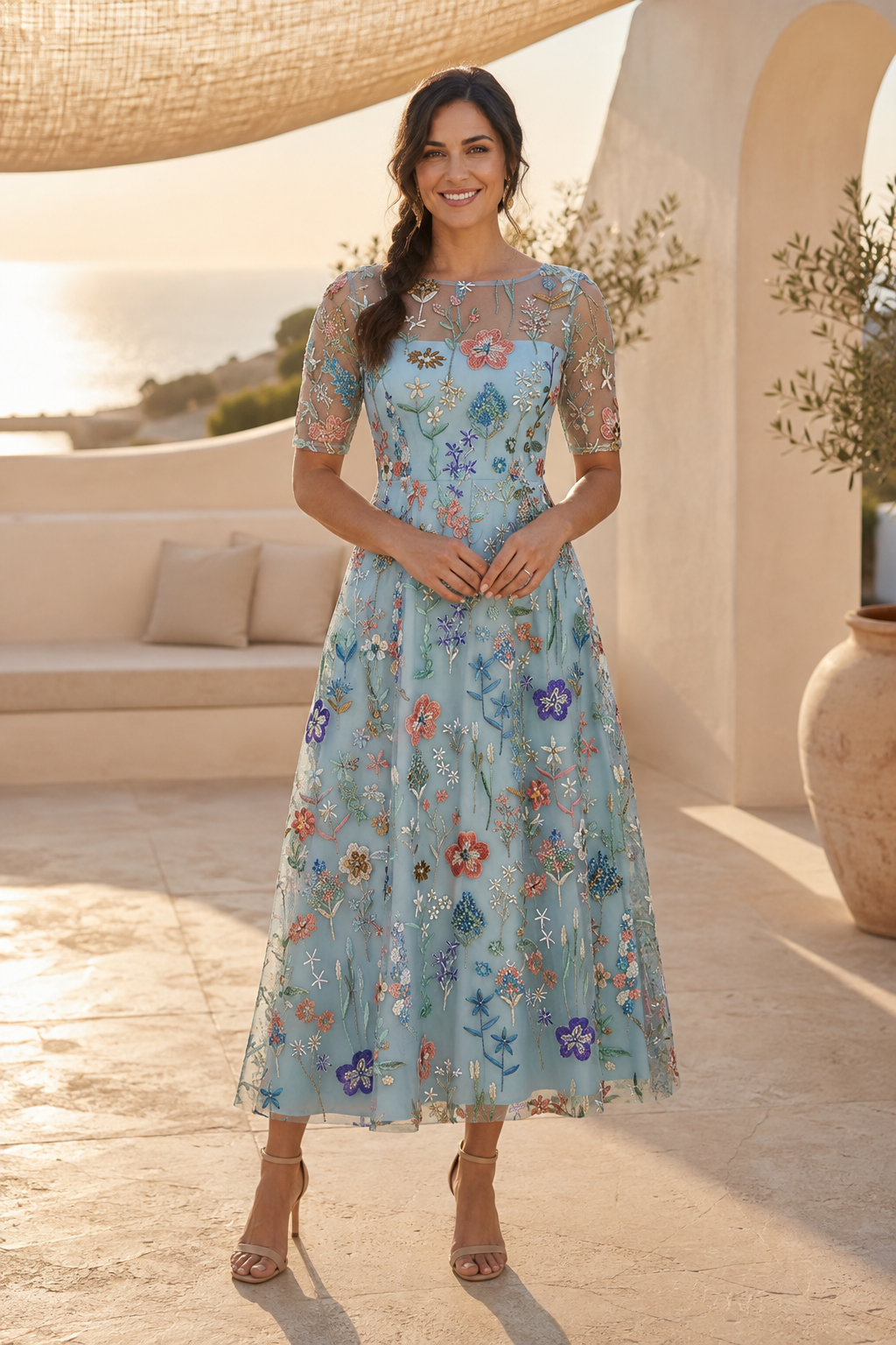 Florales, besticktes Midi-Kleid mit Illusionsausschnitt und kurzen Ärmeln
