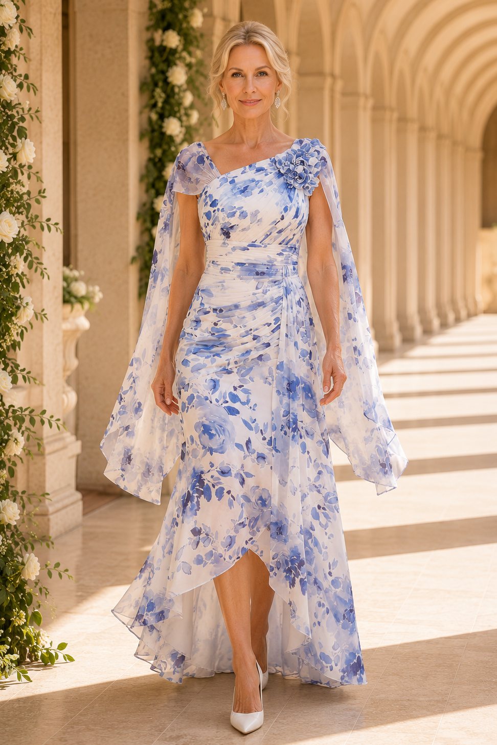 Florales High-Low Chiffonkleid mit Cape-Ärmeln