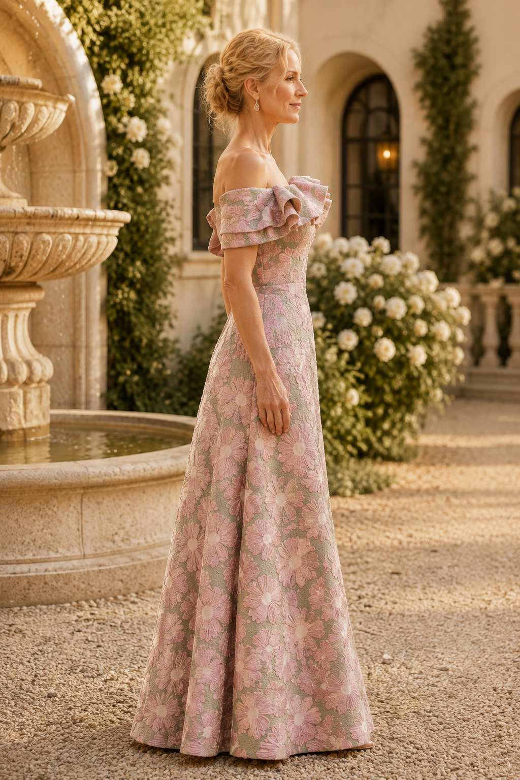 Asymmetrisches Jacquard-Blumenkleid in A-Linie