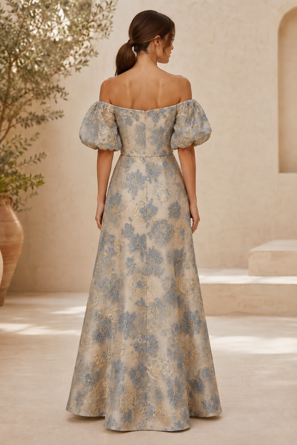 Jacquard-A-Linien-Kleid mit Carmen-Ausschnitt und Puffärmeln
