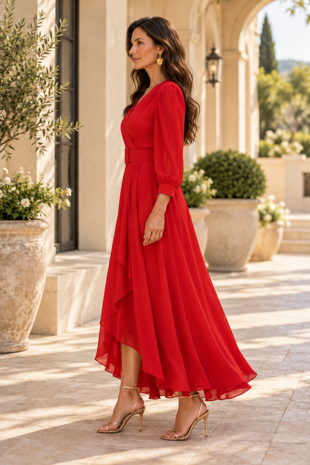Belted Wrap Maxi Dress with Bishop Sleeves
