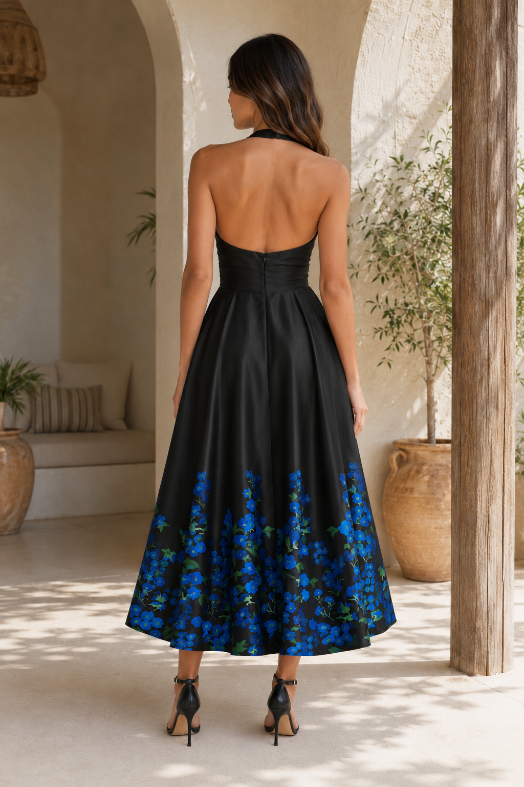 Neckholder V-Ausschnitt Satin-Midikleid mit Blumenmuster