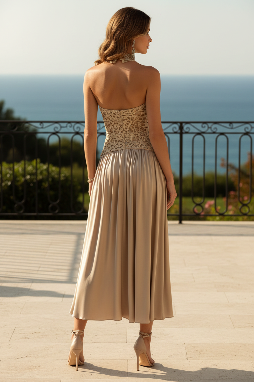 Elegantes schulterfreies Midikleid aus Spitze mit plissiertem Satinstoff
