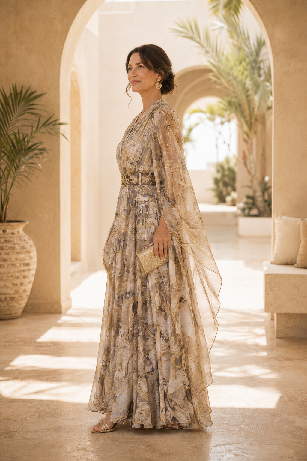Bedrucktes Maxikleid mit Cape-Ärmeln und Gürtel