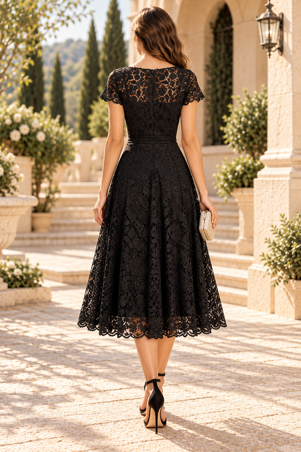Floral Lace Midi Dress with Short Sleeves