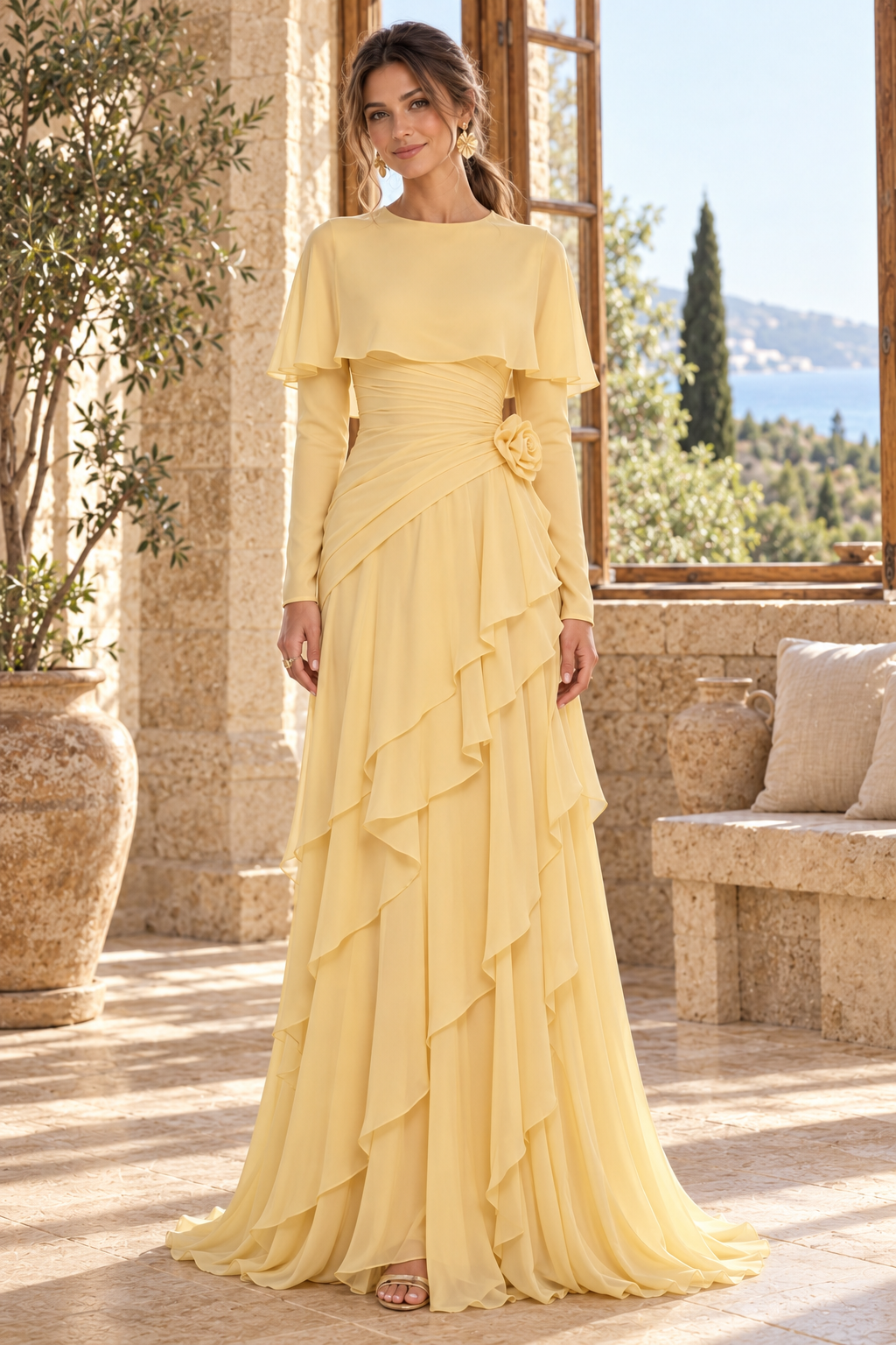 Tiered Long Sleeve Capelet Gown with Floral Accent