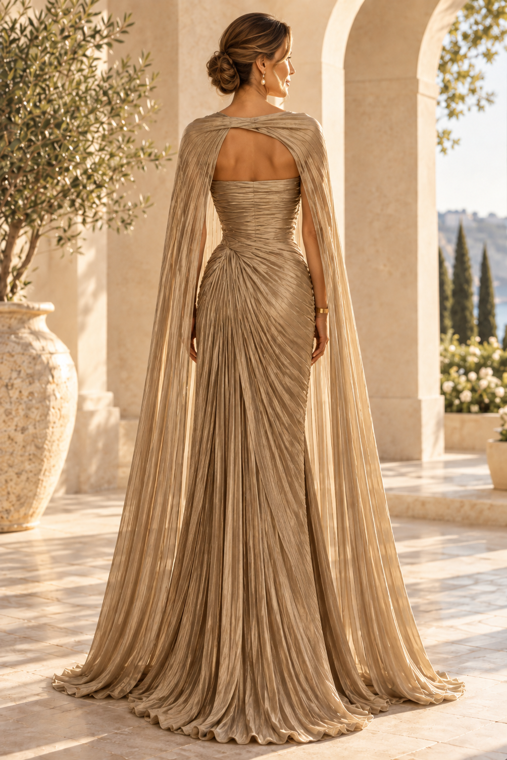 Pleated Cape Evening Gown with Keyhole Neckline