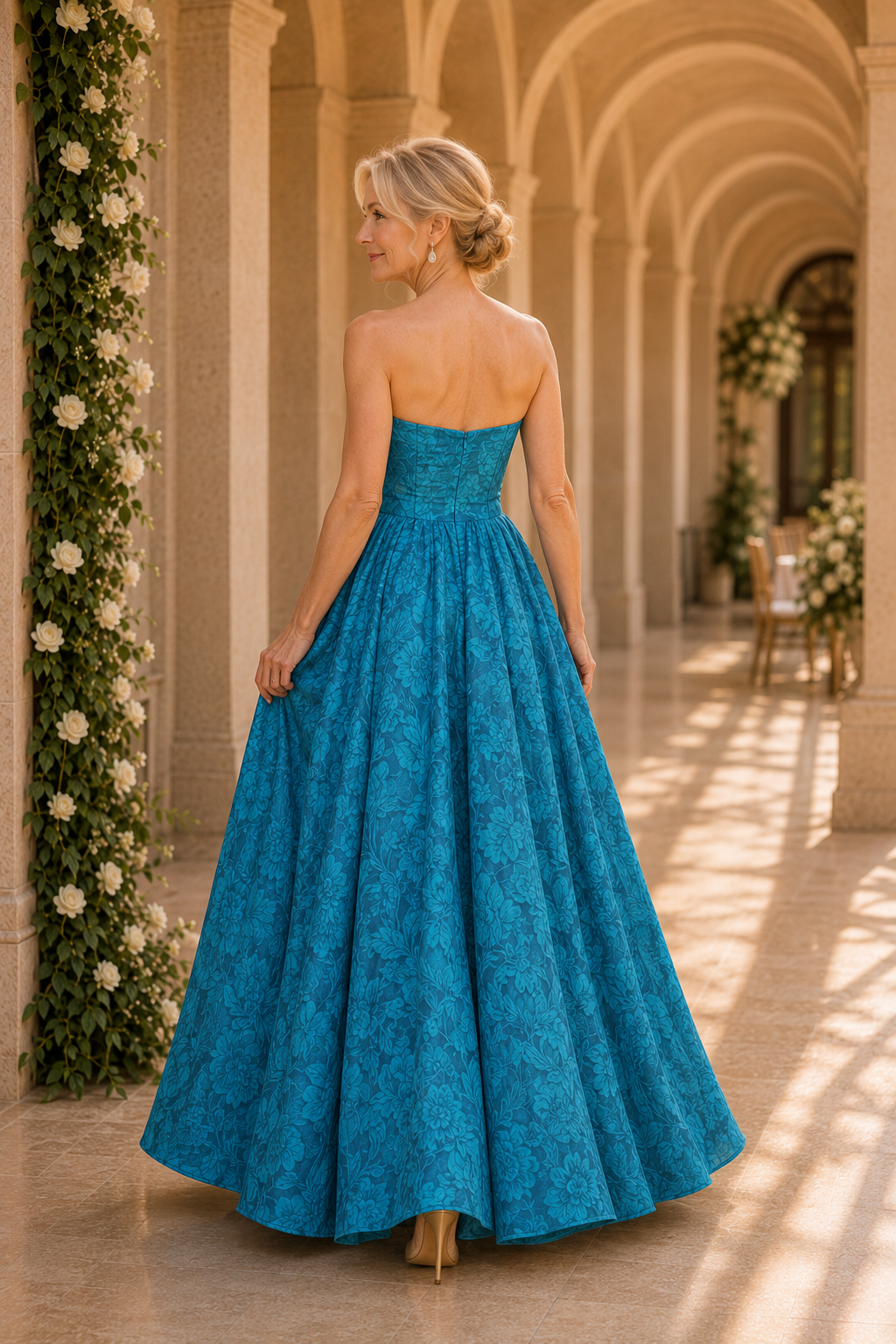 Trägerloses Jacquard-Ballkleid mit Blumenmuster
