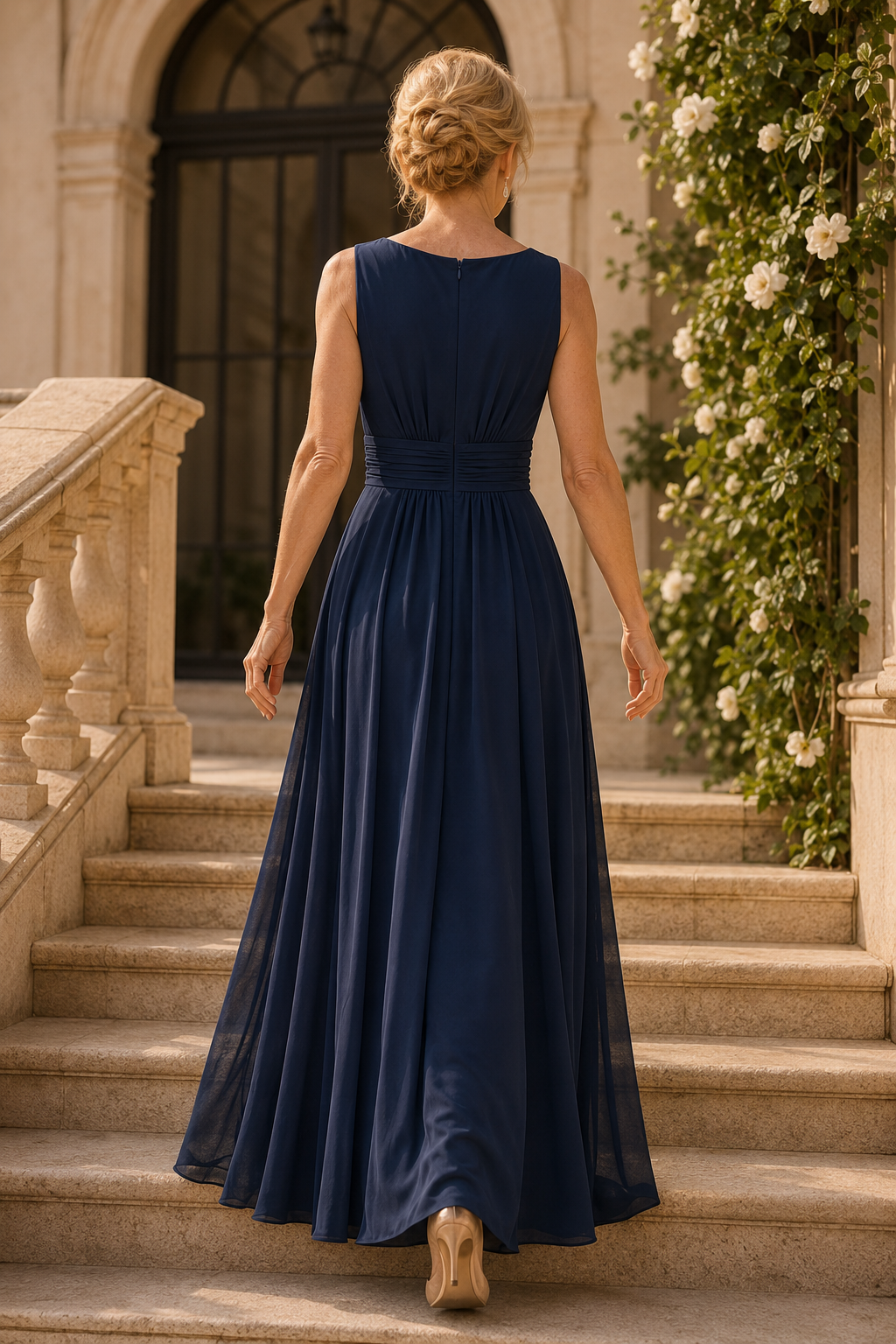 Ärmelloses V-Ausschnitt-Kleid mit Falten an der Taille in A-Linie
