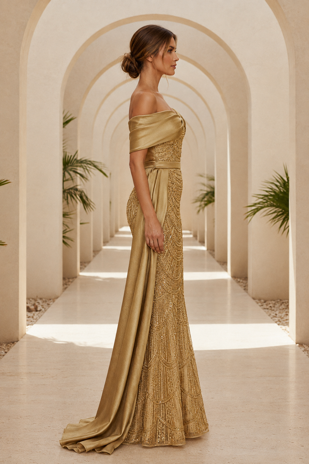 Kleid mit asymmetrischem, perlenbesticktem Ausschnitt und seitlicher Raffung