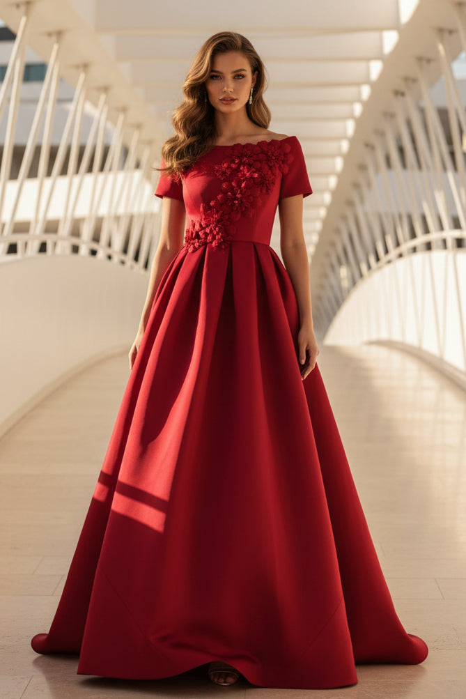 Schulterfreies A-Linien-Kleid mit 3D-Blüten
