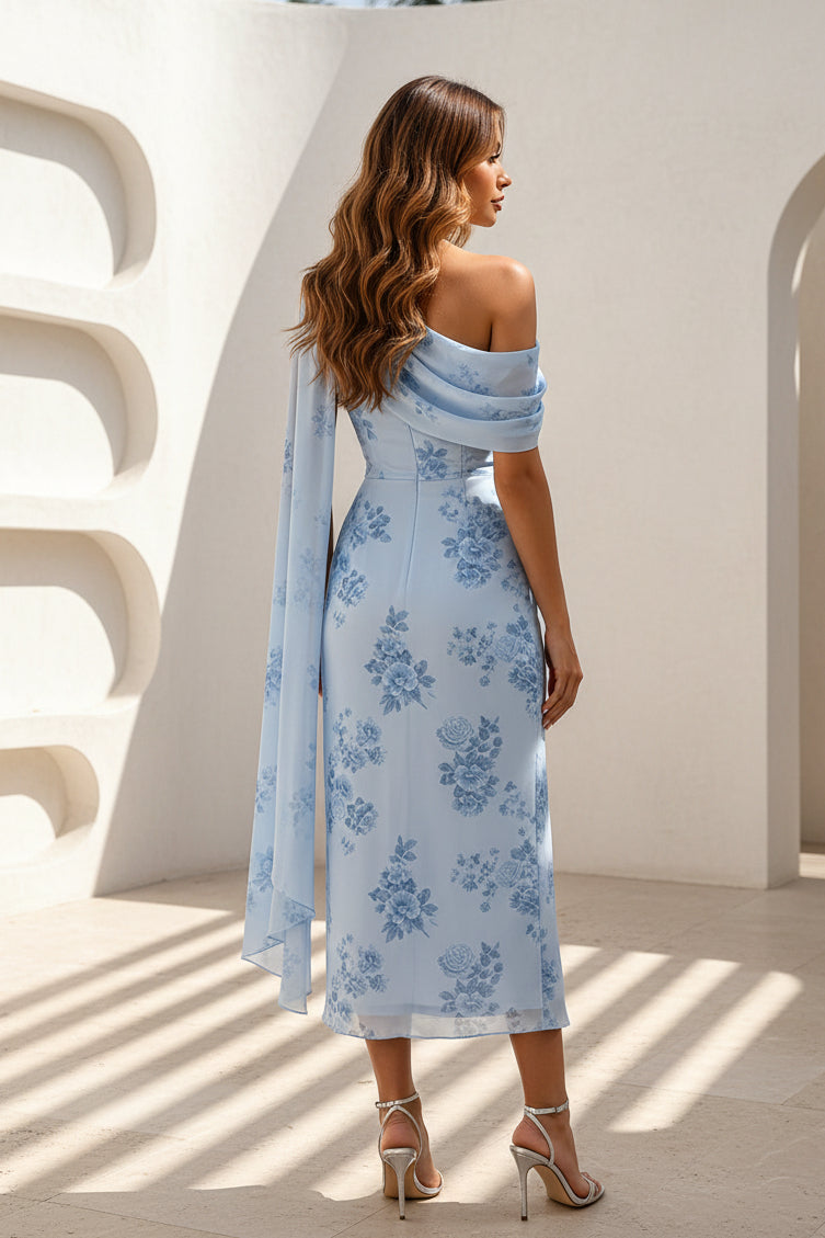Florales, drapiertes One-Shoulder-Midikleid