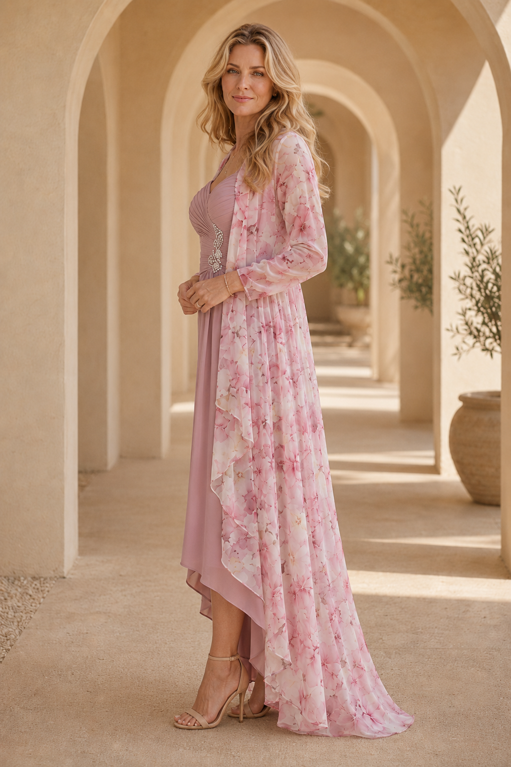 High-Low-Kleid mit floraler Staubmantel-Jacke
