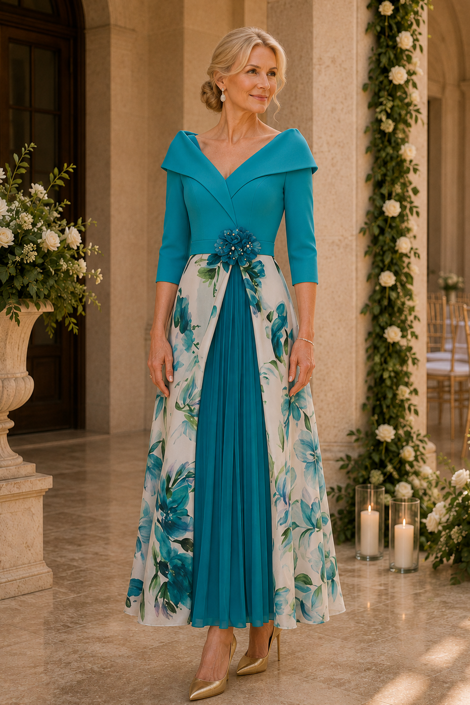 Kleid mit Porträtkragen, Blumenmuster und Falten, knöchellang