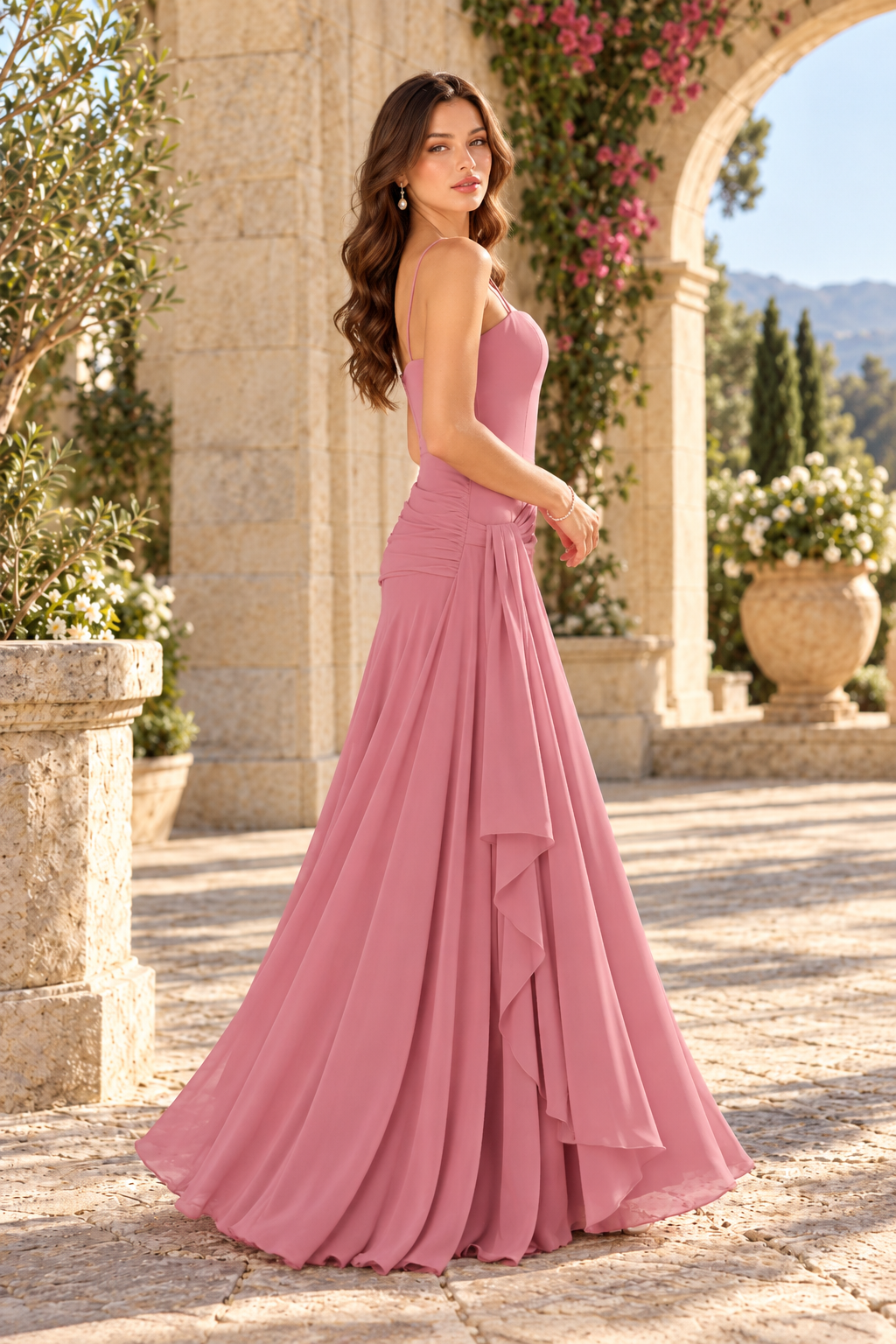 Ruched Side-Draped A-Line Gown