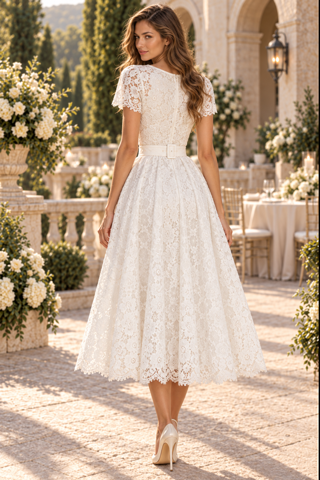 Short-Sleeve Lace A-Line Midi Dress with Belt