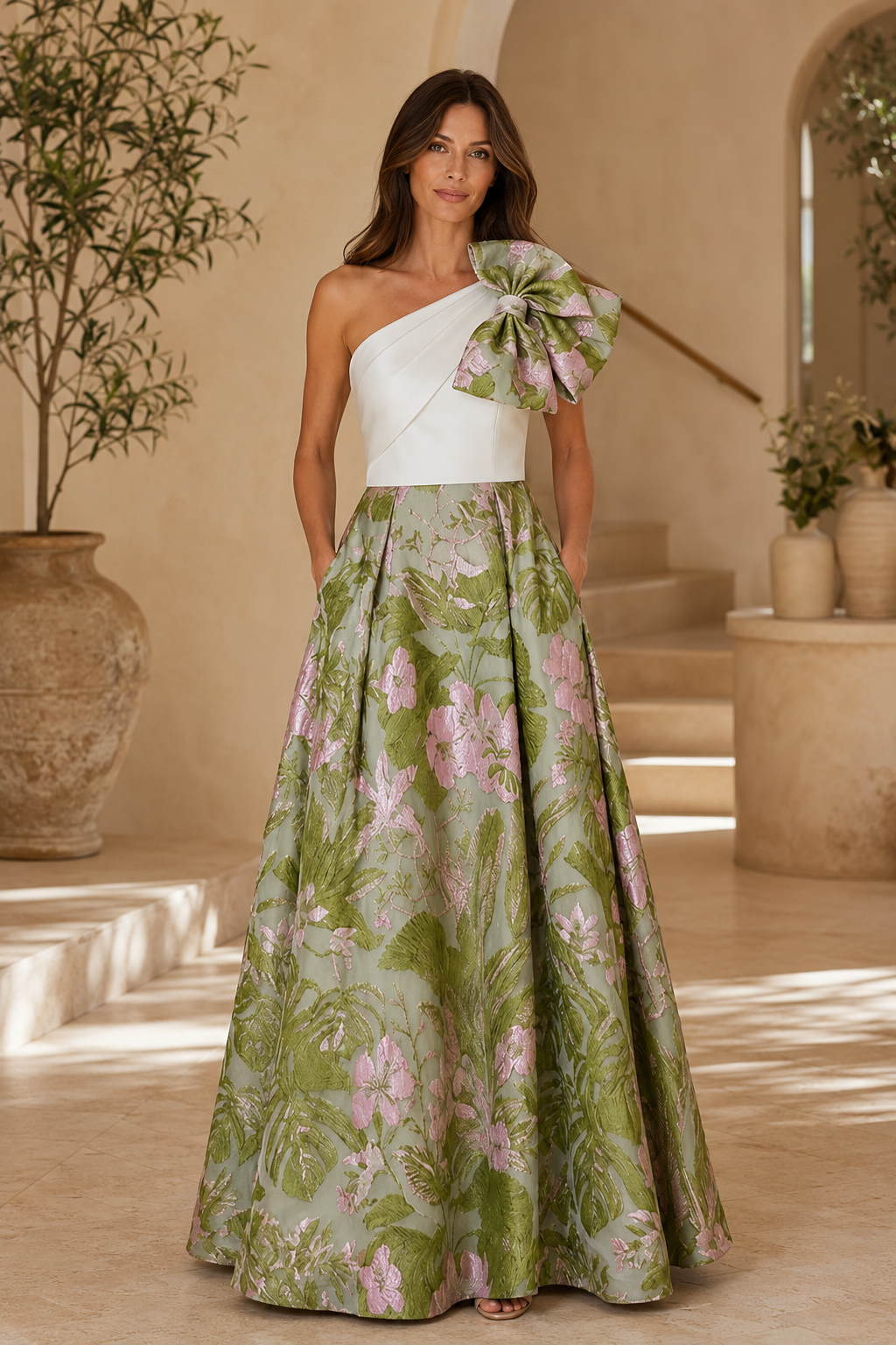 Blumen-Jacquard-Abendkleid mit One-Shoulder-Träger und A-Linie