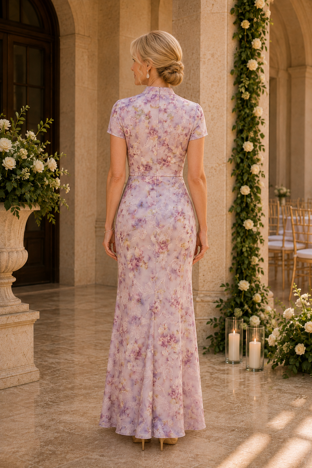 Geblümtes gerafftes Maxikleid mit Stehkragen und kurzen Ärmeln