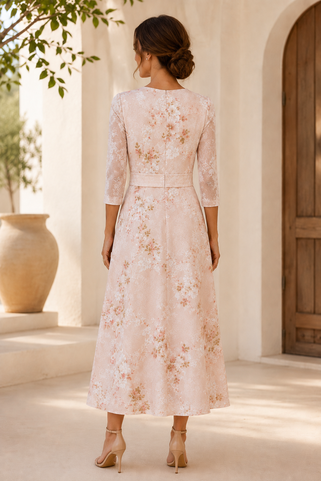 Midi-Kleid in A-Linie mit Blumenmuster und V-Ausschnitt mit 3/4-Ärmeln