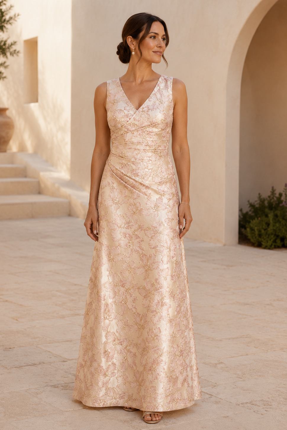 Florales Jacquard-Wickelkleid mit V-Ausschnitt und A-Linie