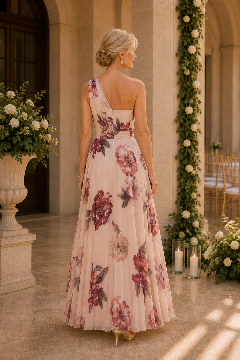 Geblümtes One-Shoulder A-Linien Maxikleid