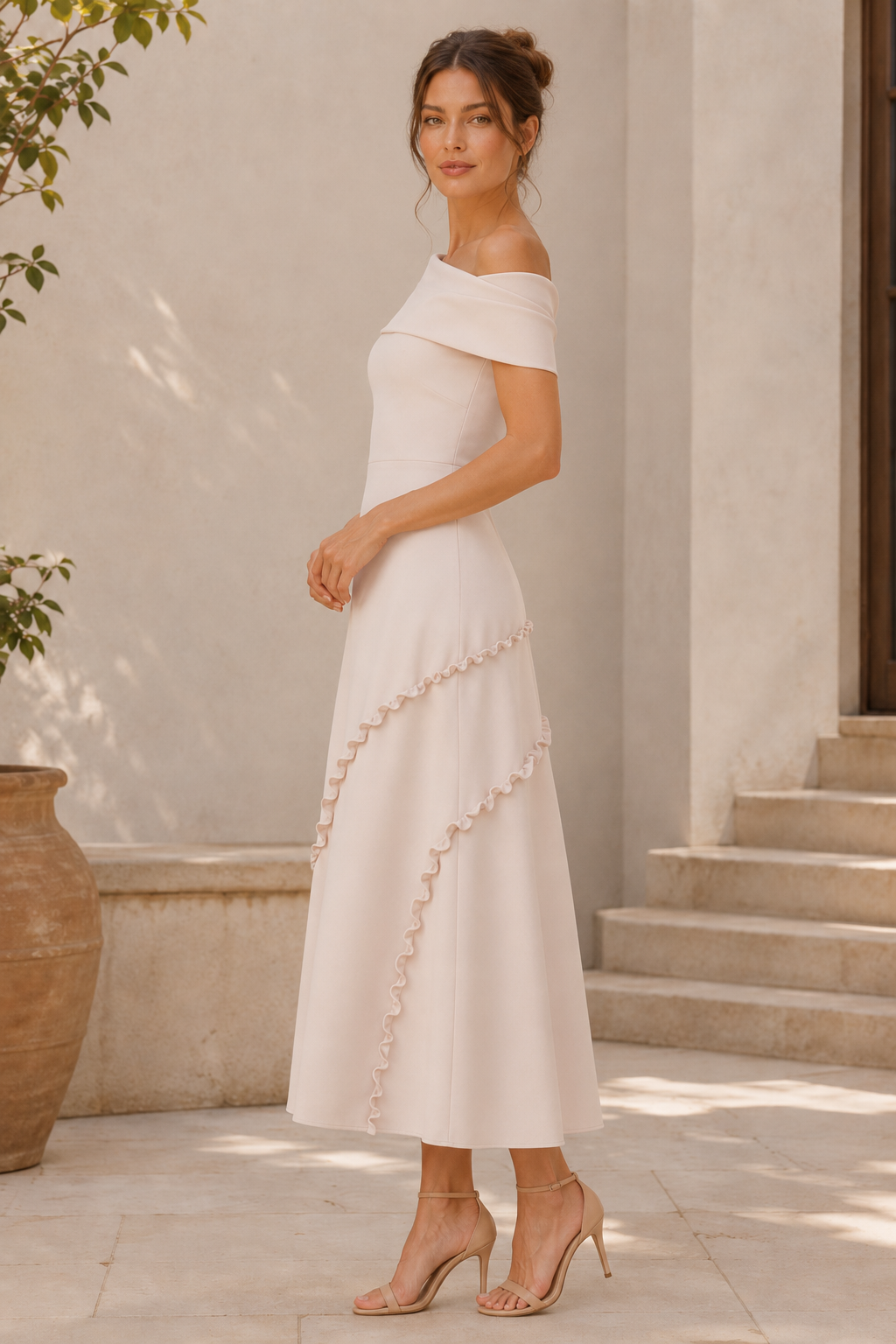 Asymmetrisches Midikleid mit gerafftem Kragen und Rüschennähten