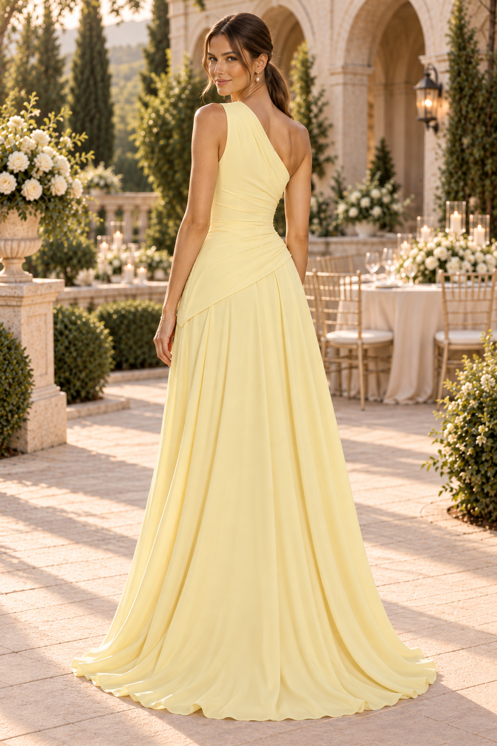 One-Shoulder Ruched Pleated A-Line Gown