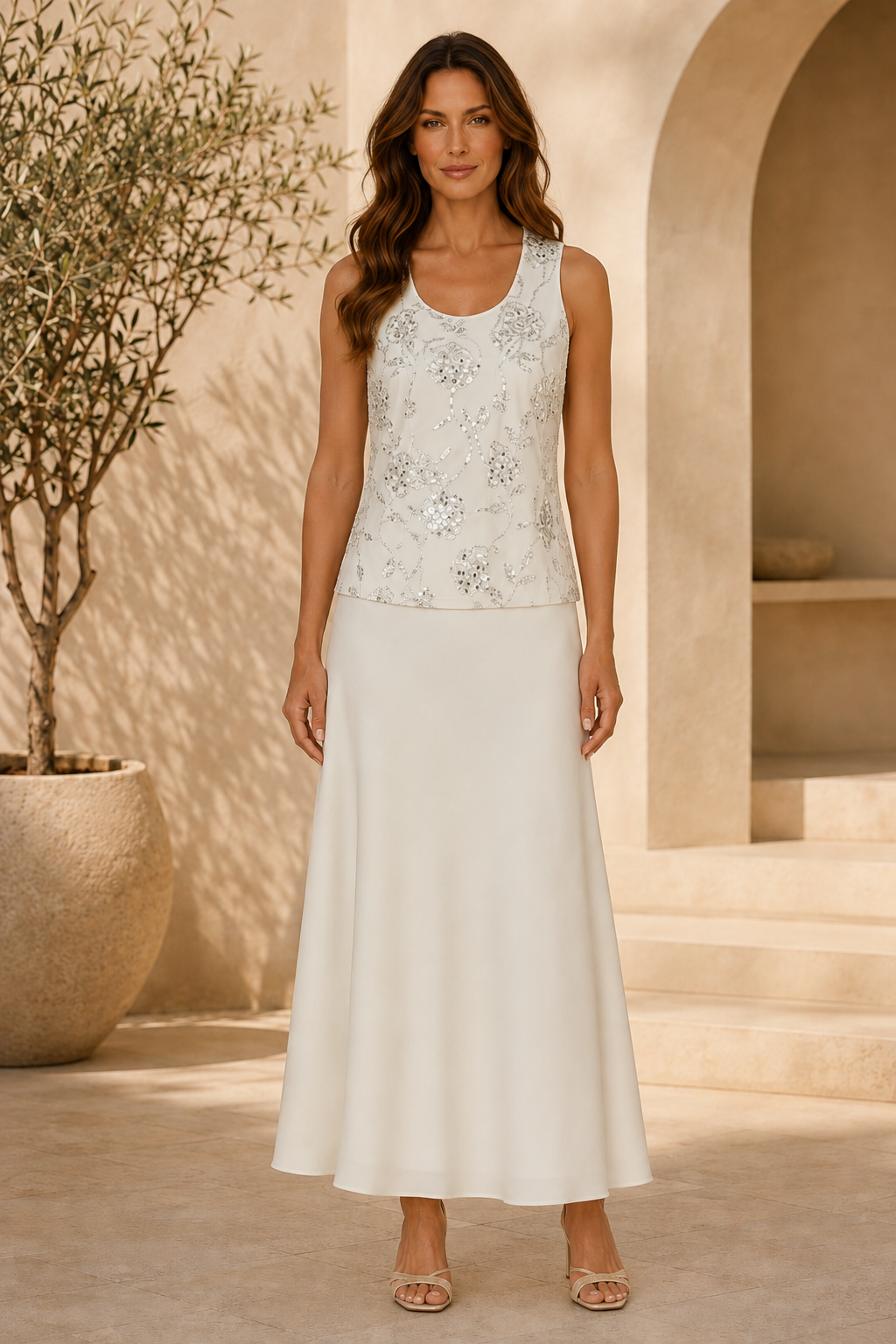Set aus Paillettenjacke mit Blumenmuster und knöchellangem Kleid