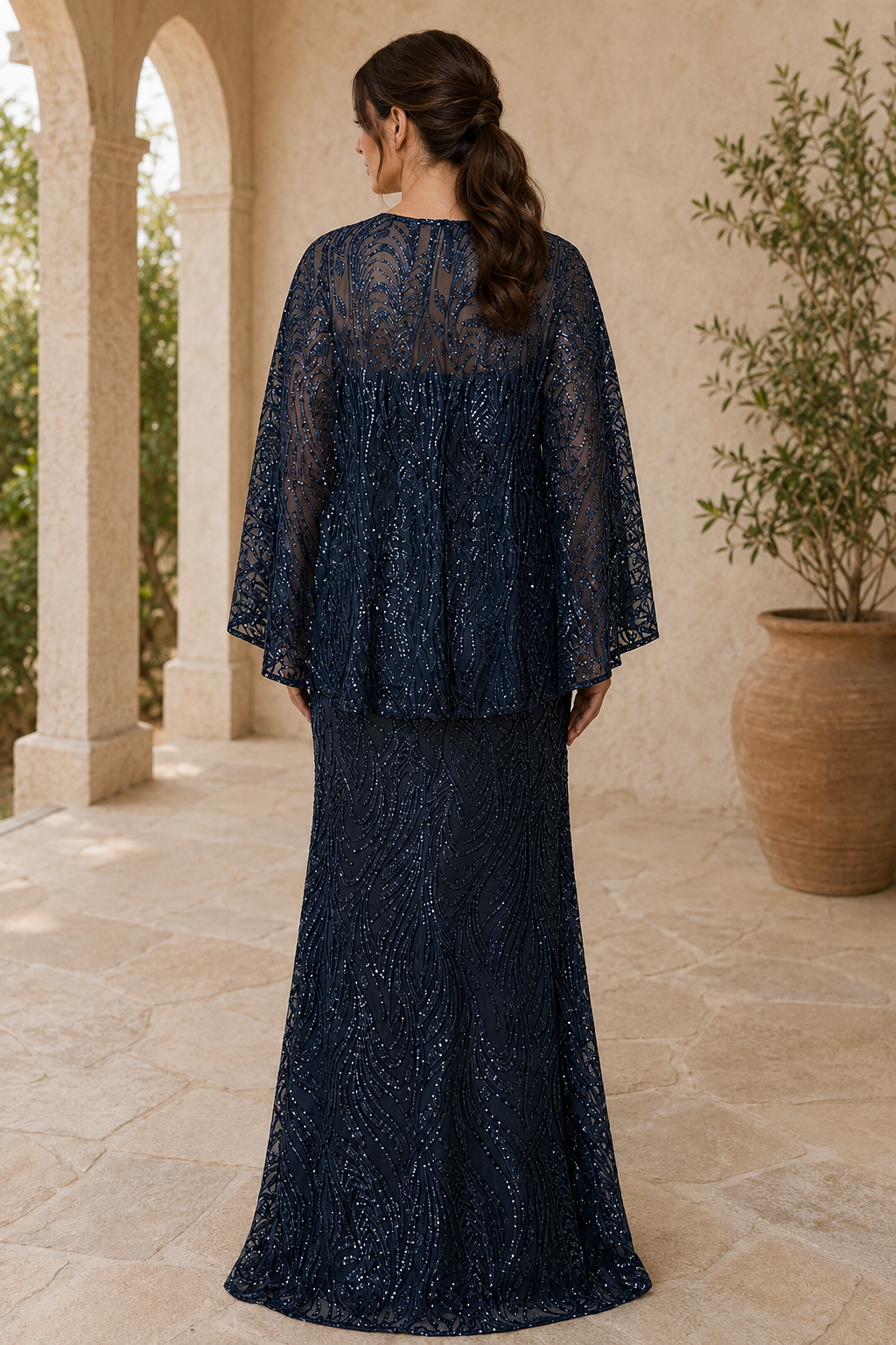 Pailletten-Cape-Overlay bodenlanges Abendkleid