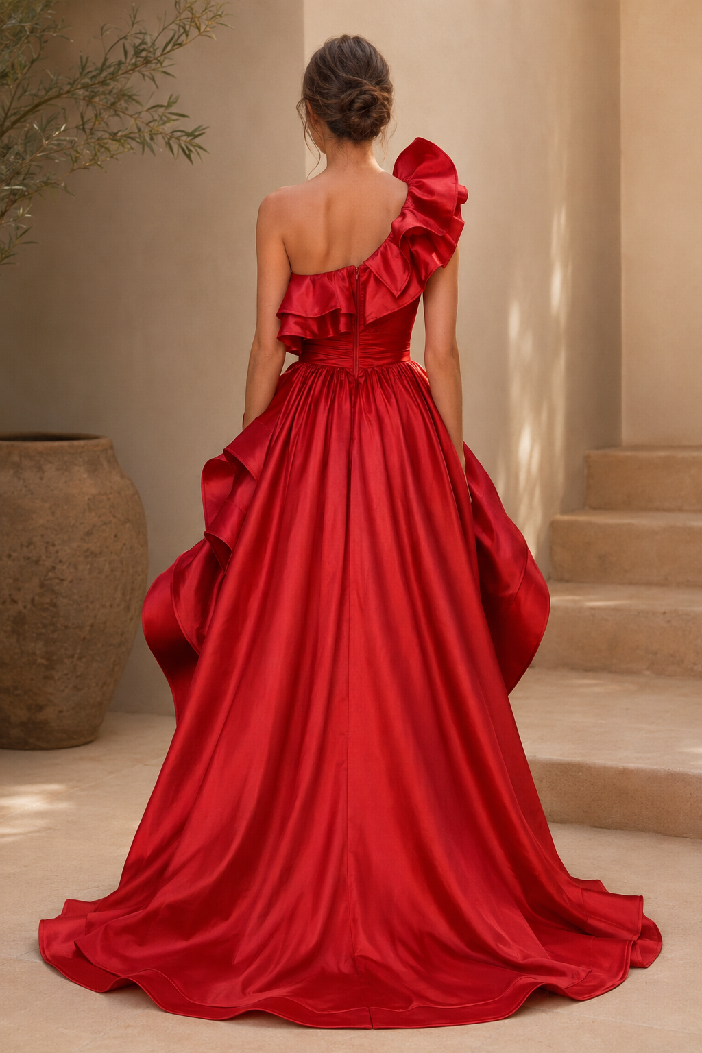 Ein-Schulter-Ballkleid mit Rüschen und hohem Schlitz