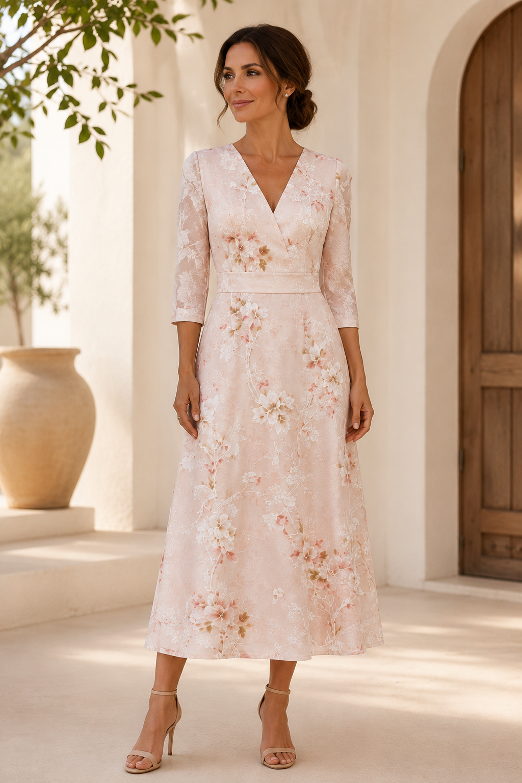 Midi-Kleid in A-Linie mit Blumenmuster und V-Ausschnitt mit 3/4-Ärmeln