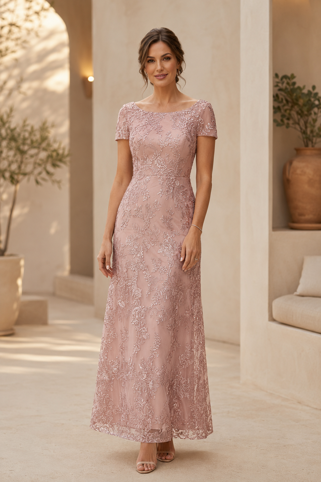Brautmutterkleid mit U-Boot-Ausschnitt und Spitze