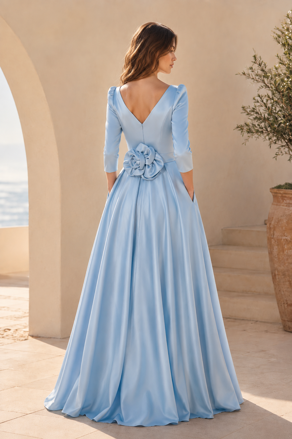 High-Low Satin A-Linien-Kleid mit 3/4 Ärmeln