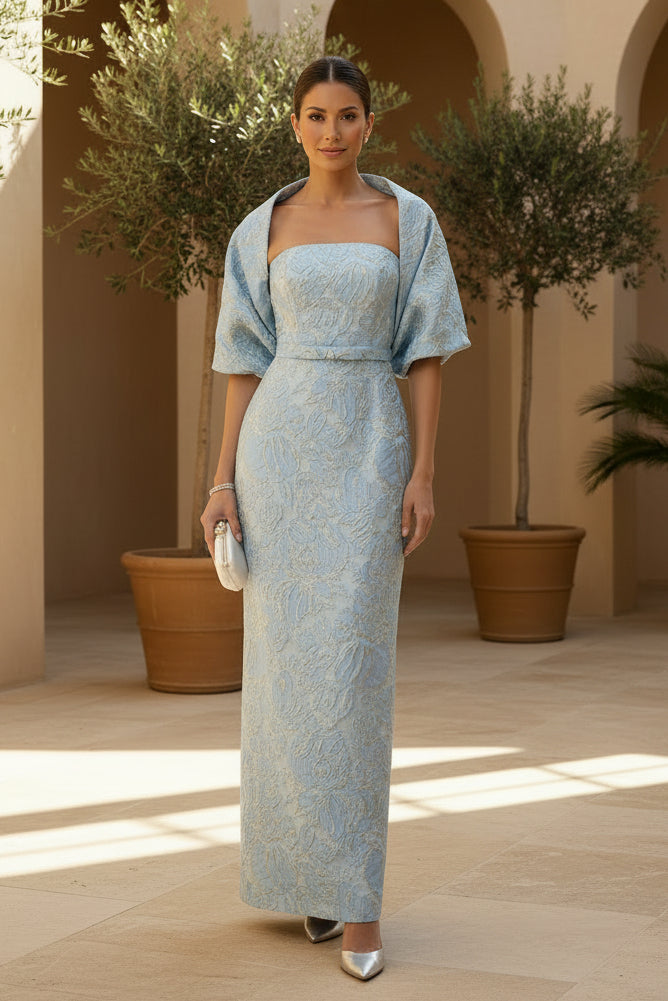 Trägerloses Jacquard-Säulenkleid mit Schal