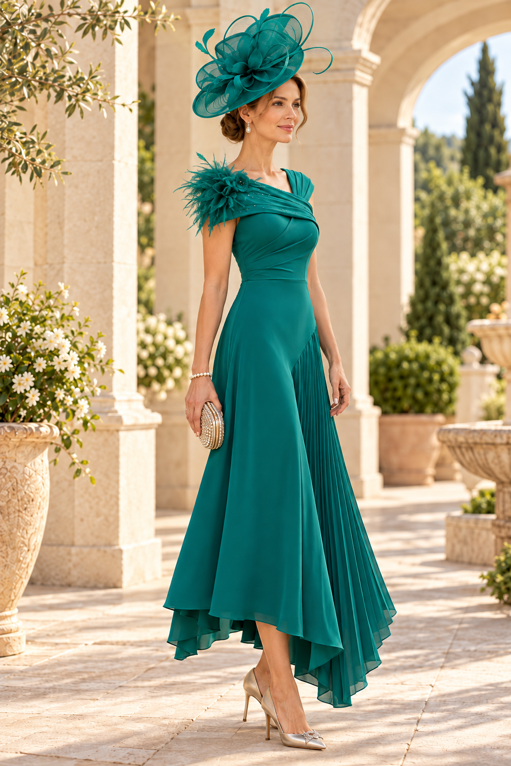 Asymmetric Pleated Midi Dress with Floral Shoulder Accent