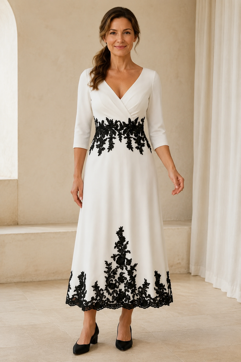 A-Linien-Midikleid mit schwarzem Spitzenapplikationsbesatz