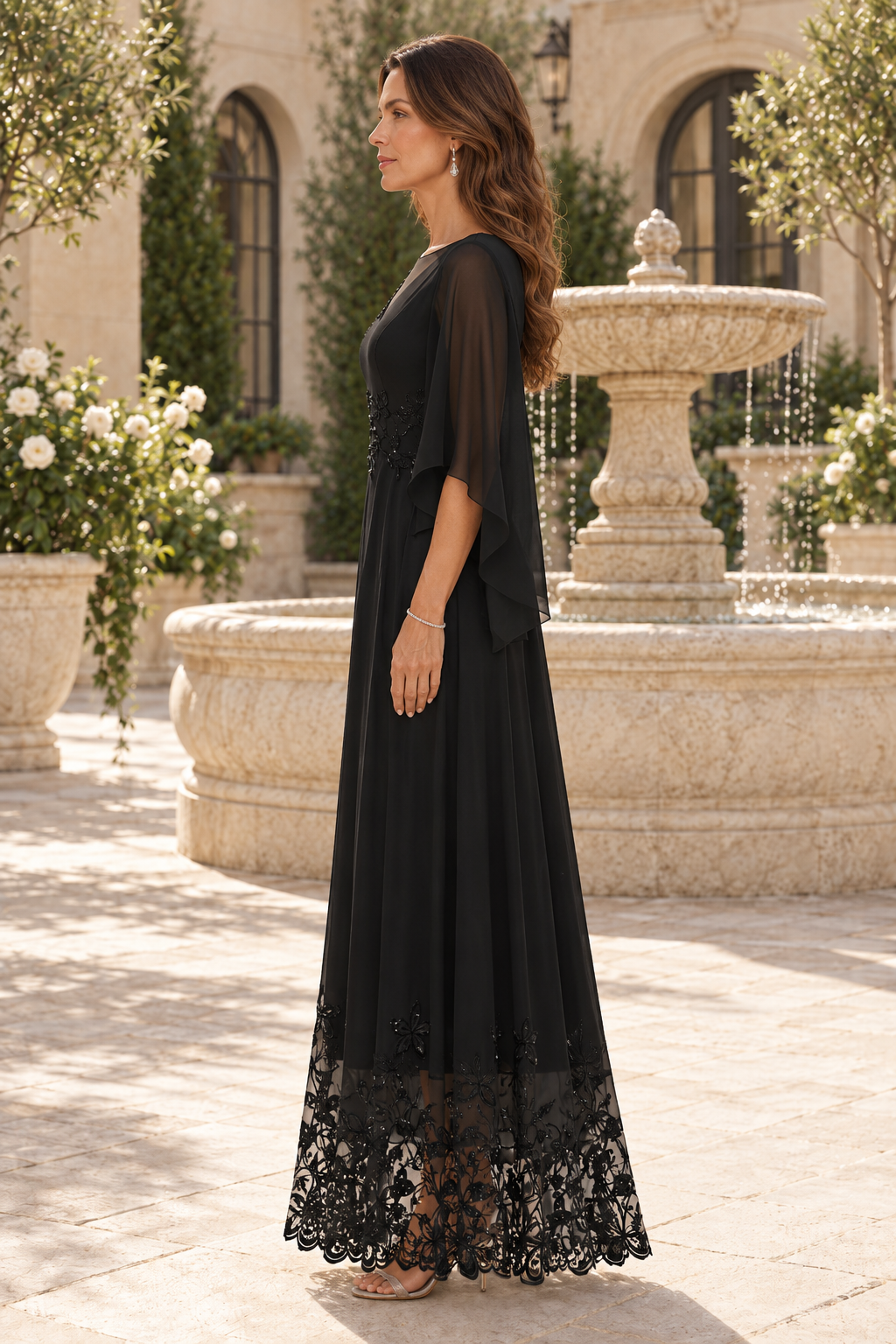 Flutter Sleeve A-Line Gown with Floral Appliques