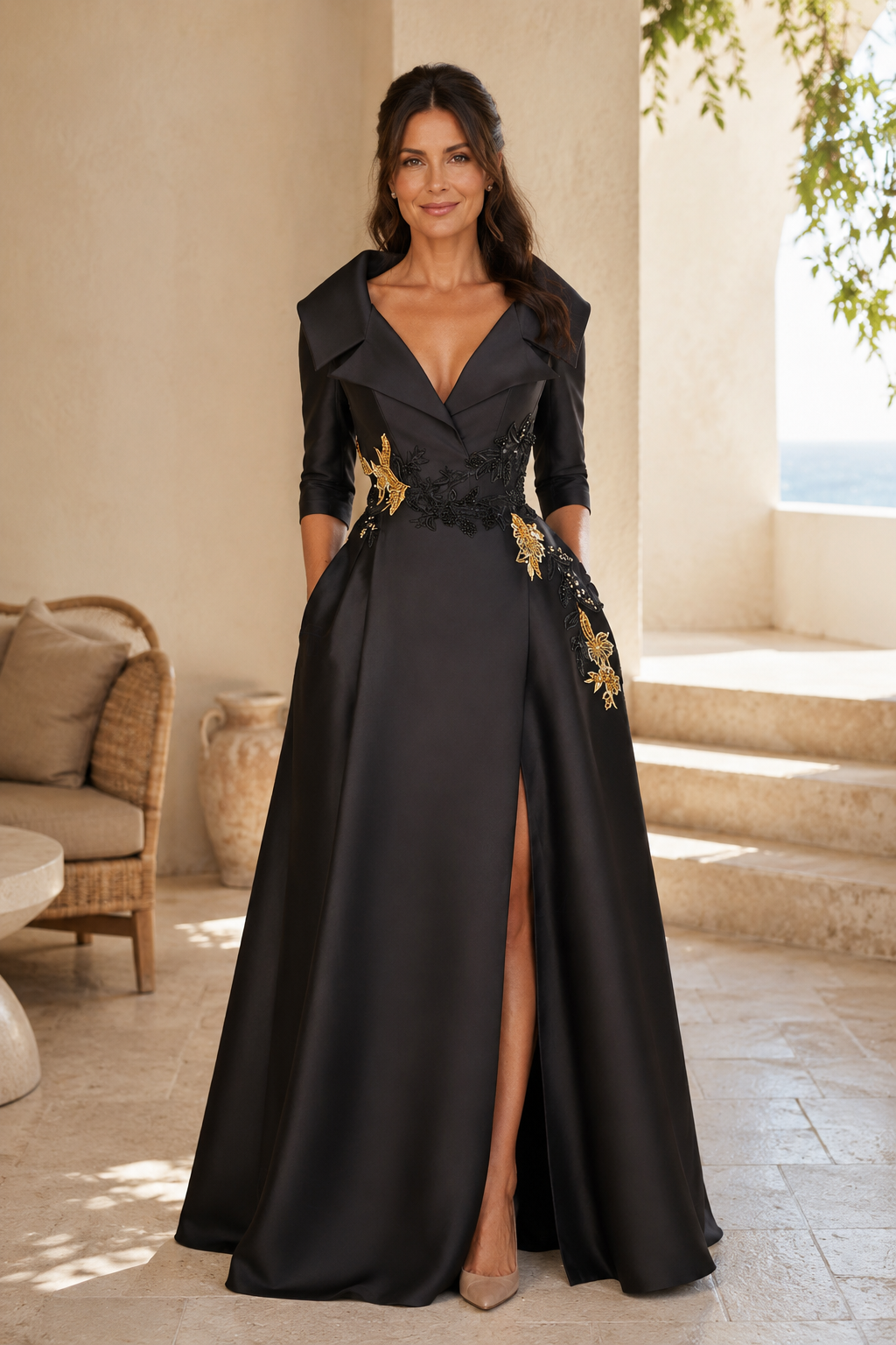 A-Linien-Abendkleid aus Satin mit Carmenausschnitt und hohem Schlitz