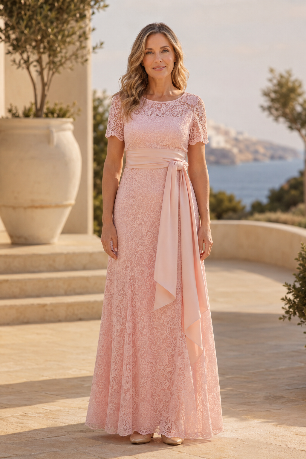Abendkleid in A-Linie mit kurzen Ärmeln und Spitzengürtel zum Binden