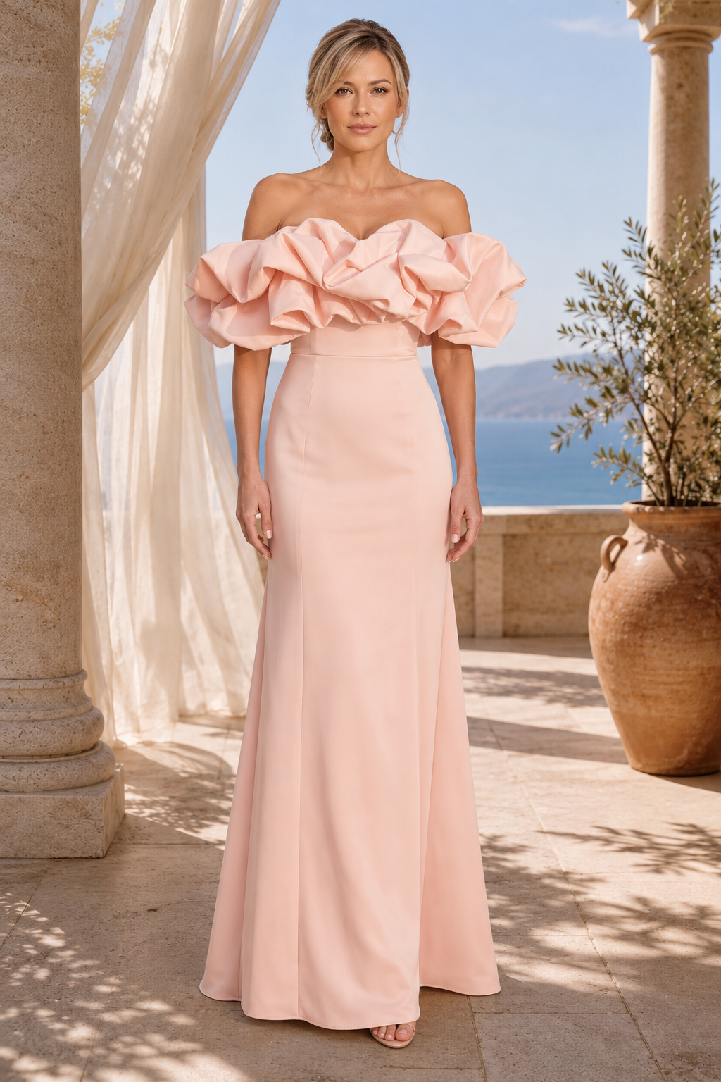 Carmen-Rüschen-Trompetenkleid