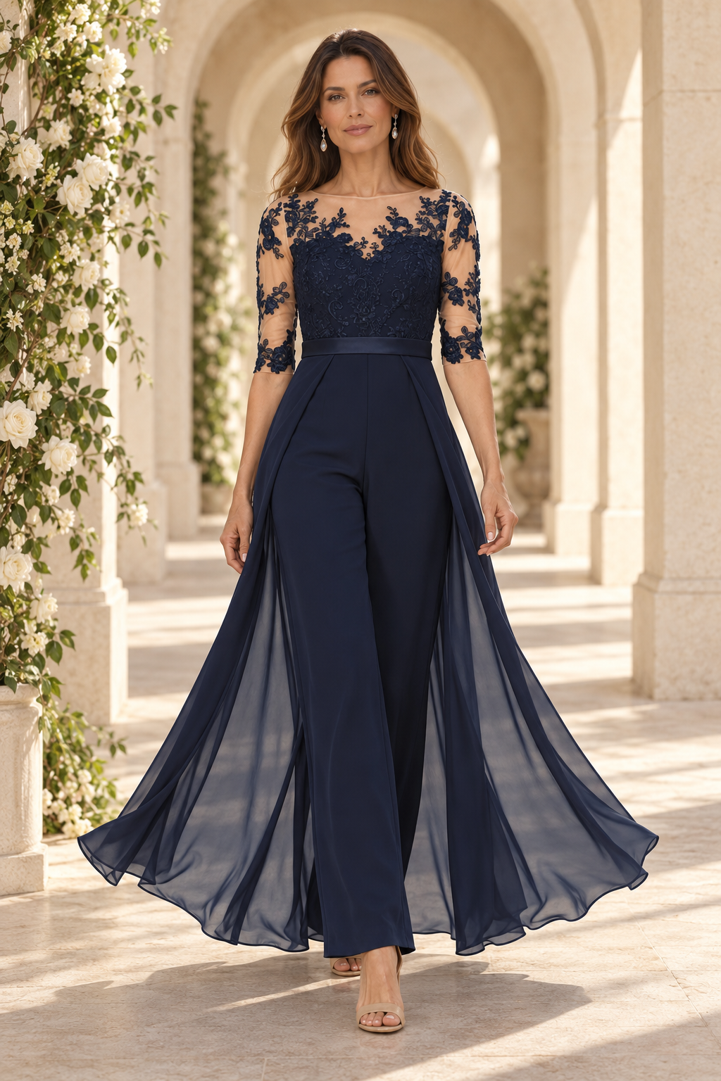Lace Bodice Jumpsuit with Chiffon Overskirt