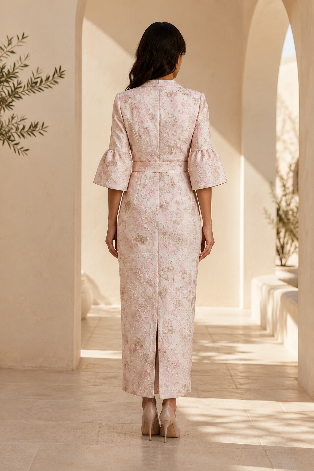 Geblümtes Jacquard-Kleid im Blazer-Stil mit Glockenärmeln