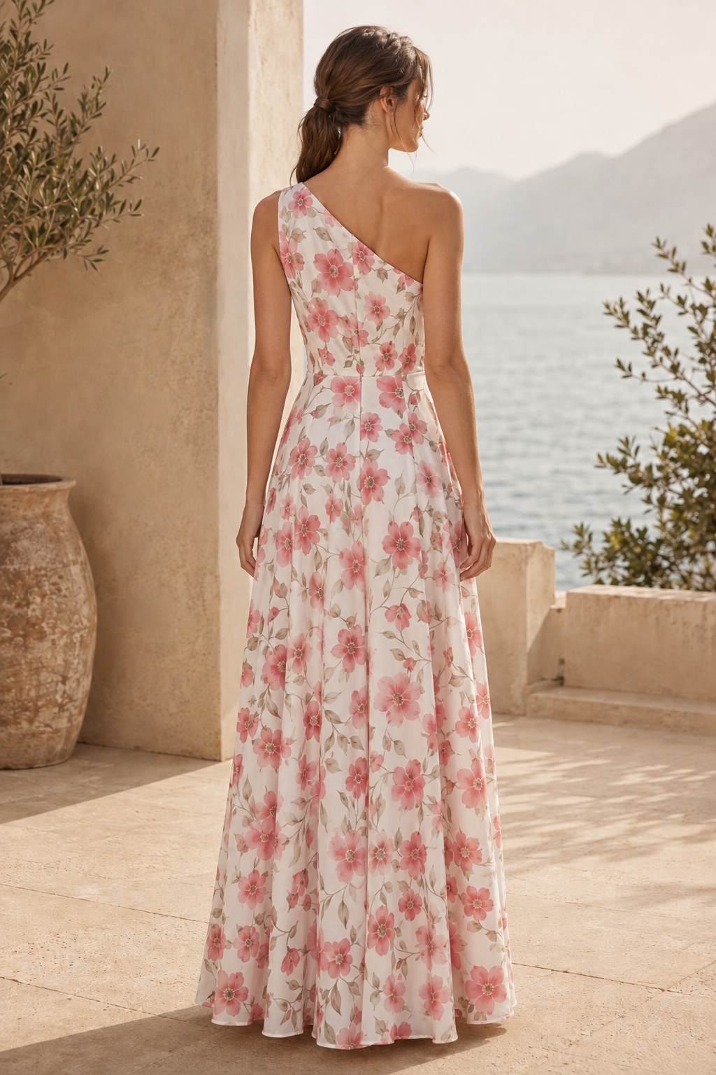 Maxikleid mit Blumenmuster, One-Shoulder und Wasserfall-Rüschen