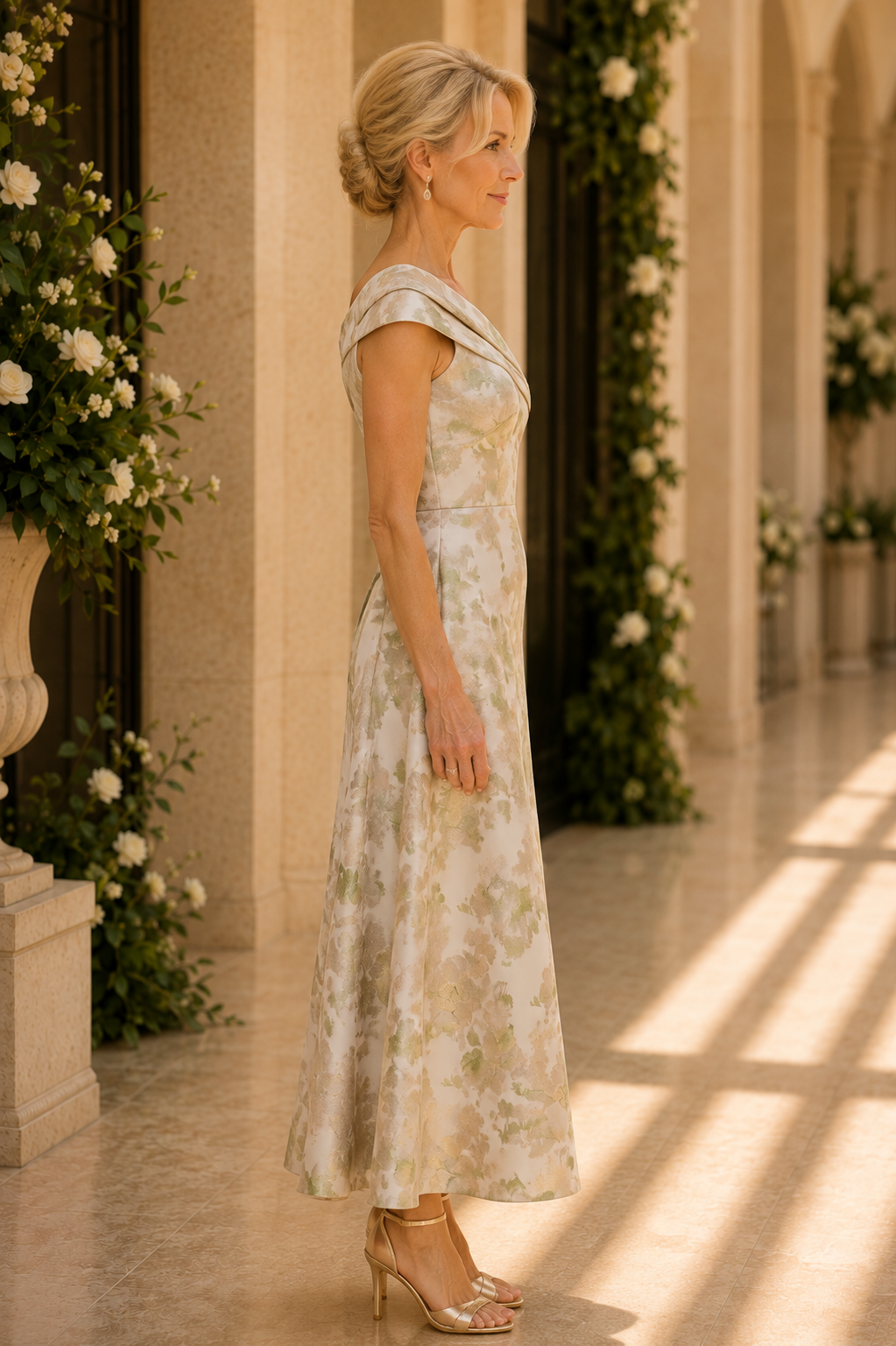 One-Shoulder-Kleid aus floralem Jacquard in Teelänge
