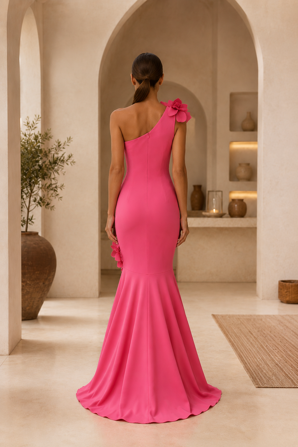 Ein-Schulter-Meerjungfrauenkleid mit 3D-Blumenapplikationen